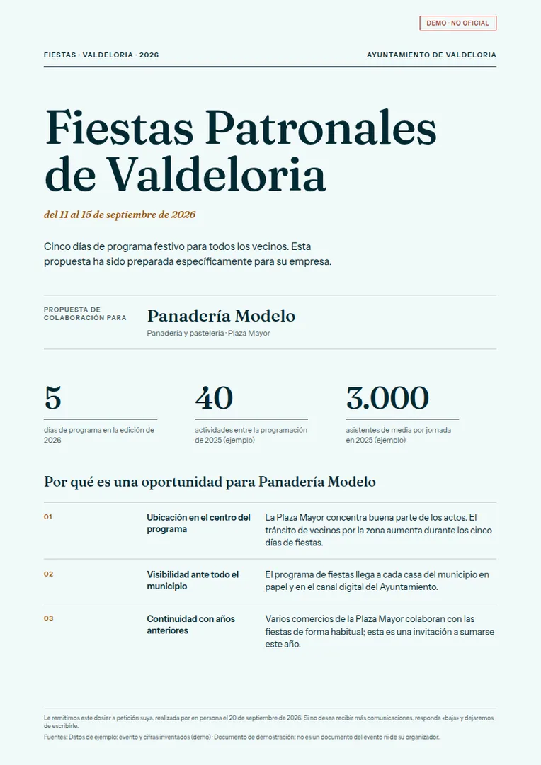 Portada del dosier de patrocinio de unas fiestas, con cifras y motivos para colaborar