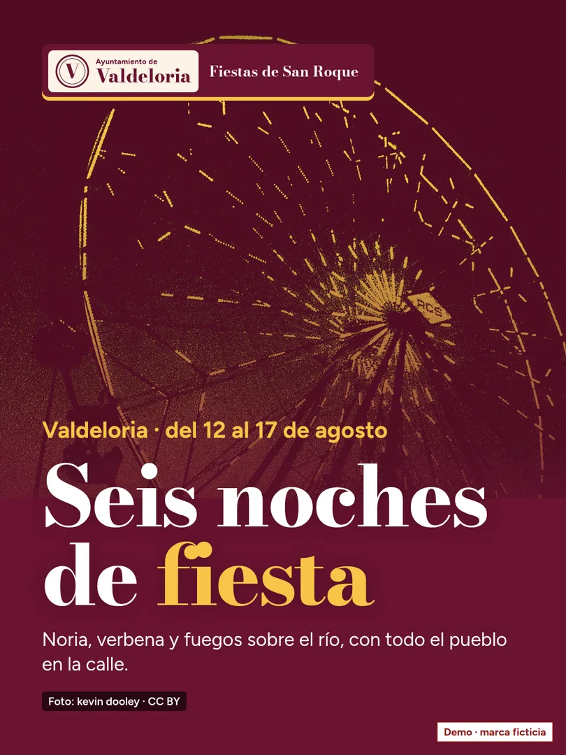 Cartel feed de las fiestas: la noria en duotono granate y oro, «Seis noches de fiesta», del 12 al 17 de agosto