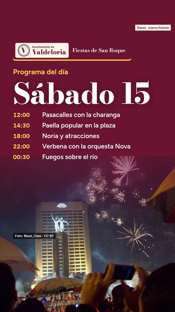 Story con el programa del sábado 15, hora a hora, sobre una foto de fuegos y público