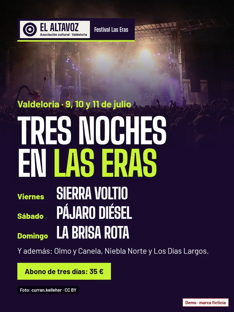 Cartel feed del festival Las Eras con las bandas de viernes, sábado y domingo y el precio del abono