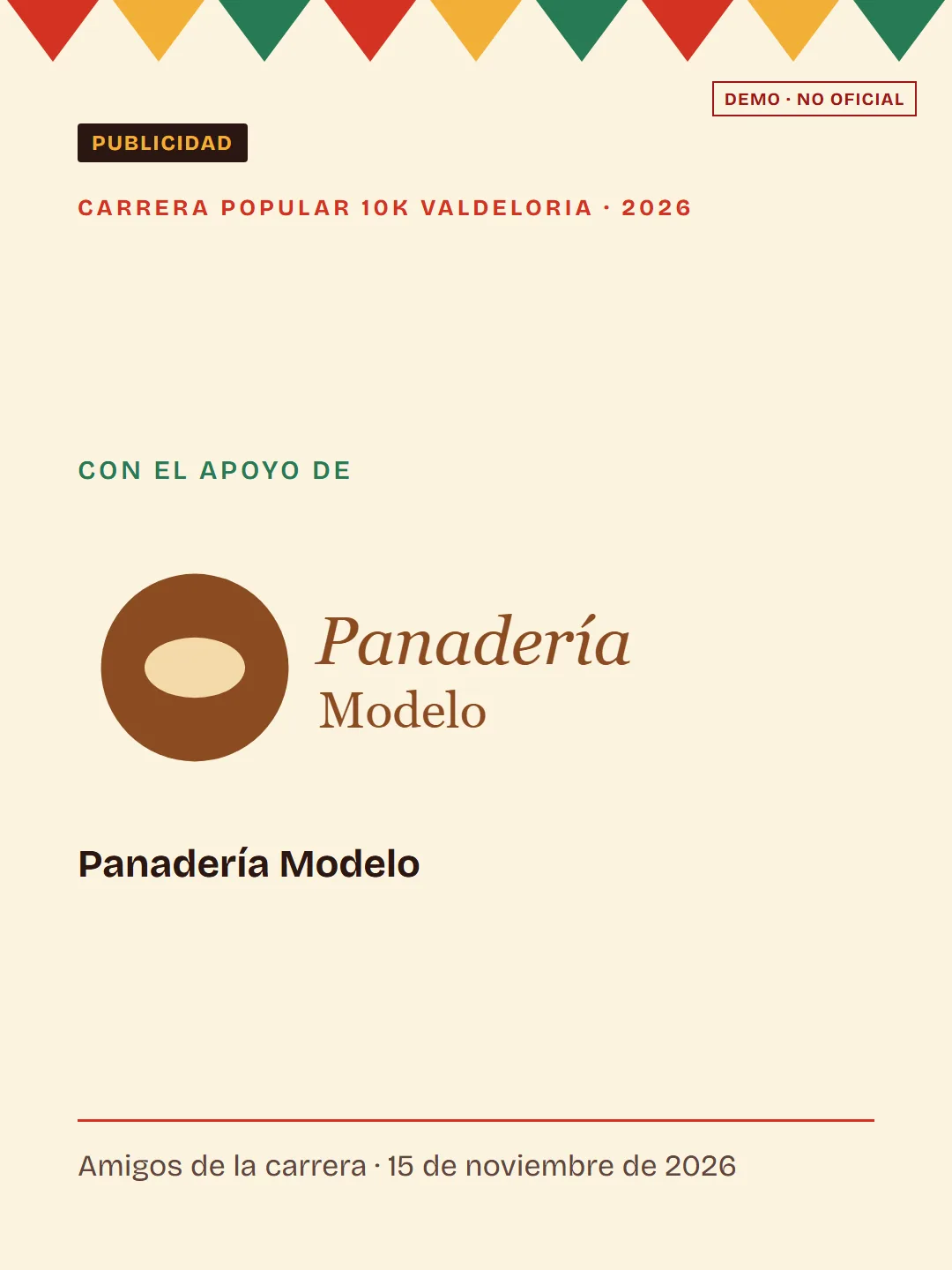 Post «Con el apoyo de Panadería Modelo» con su logo, etiqueta Publicidad y fecha de la carrera
