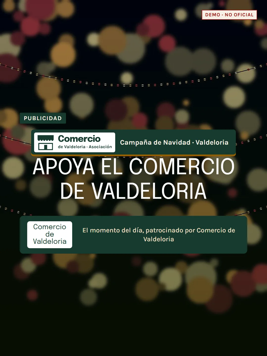 Post de Navidad con luces desenfocadas: «Apoya el comercio de Valdeloria», etiqueta Publicidad y logo de la asociación ficticia