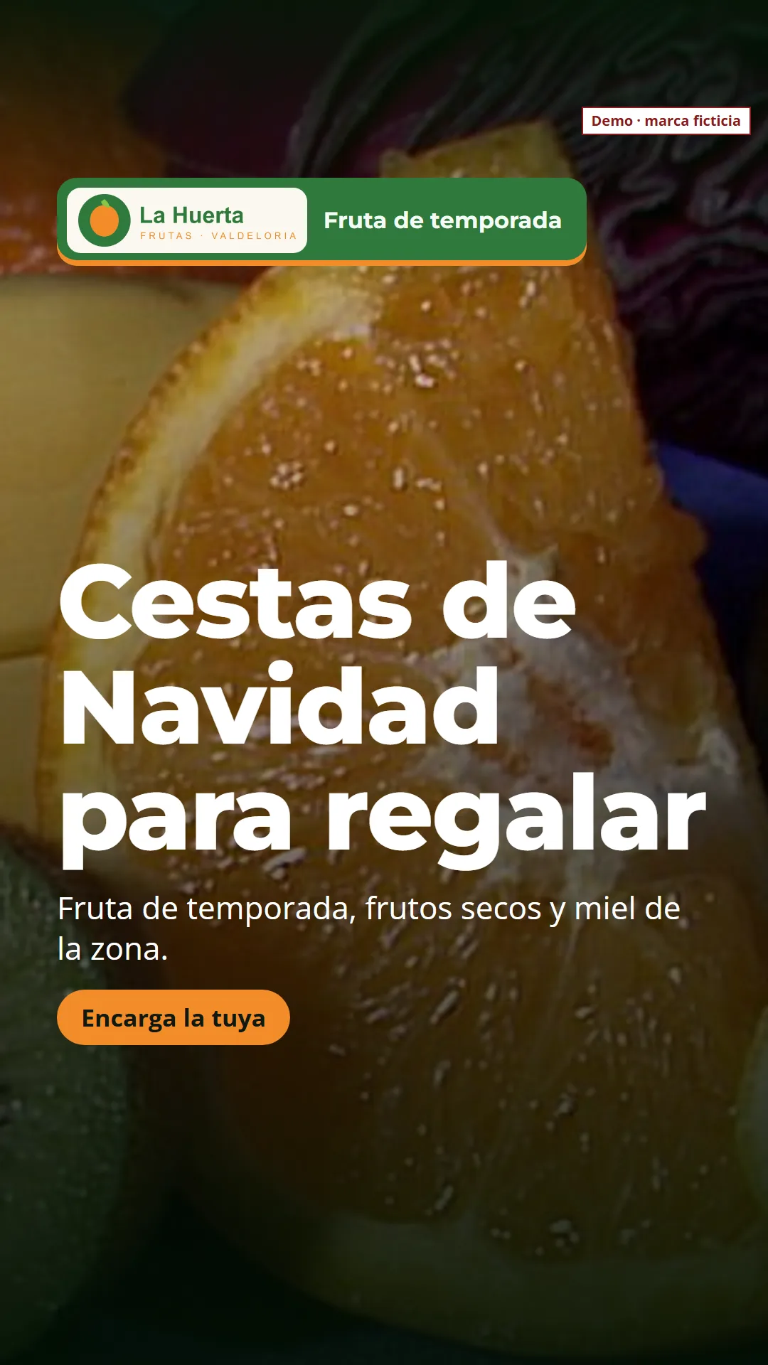 Story vertical: «Cestas de Navidad para regalar» con foto de fruta y botón Encarga la tuya