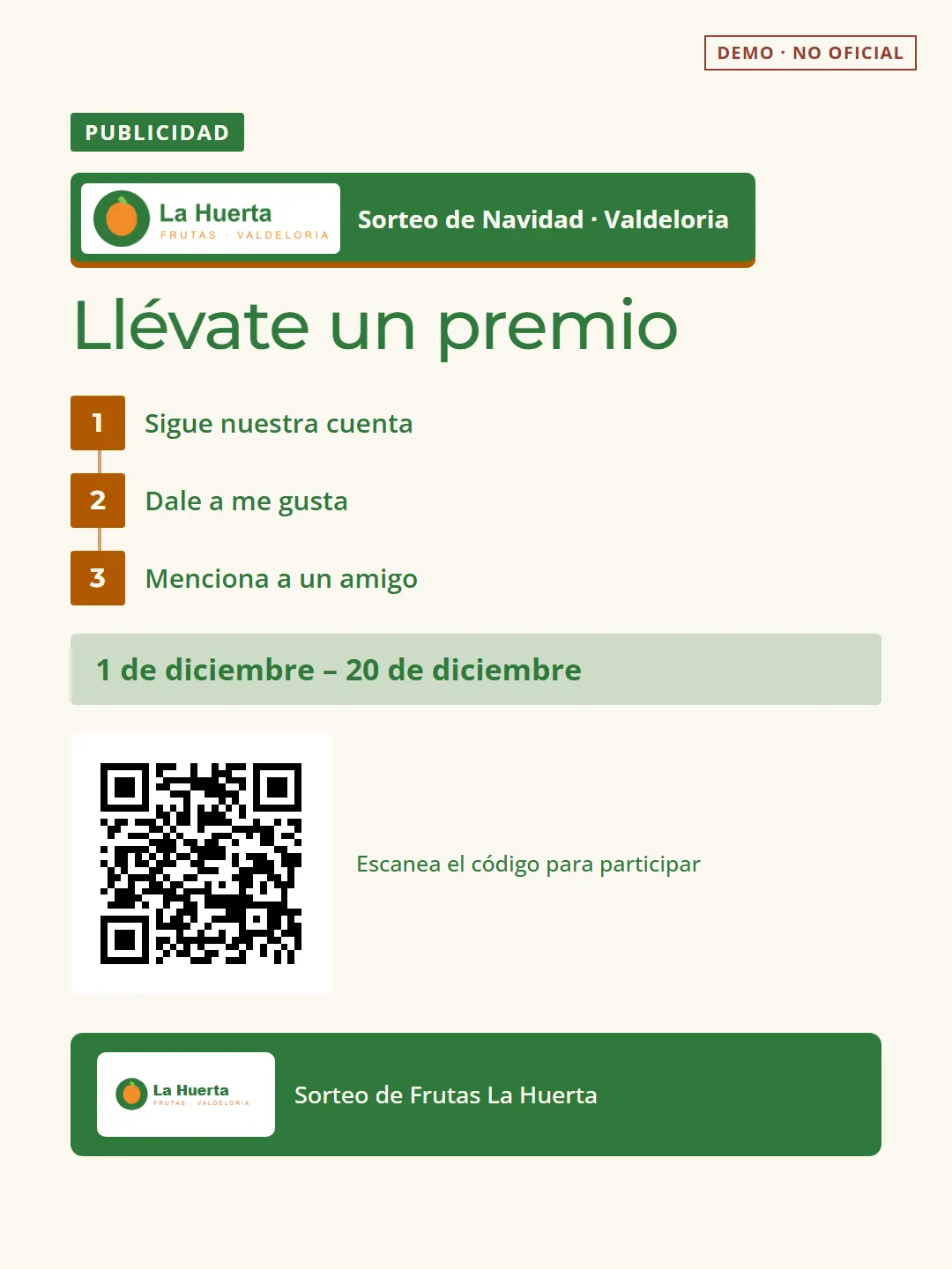 Post de ejemplo «Llévate un premio» con los tres pasos para participar, las fechas del sorteo y un código QR