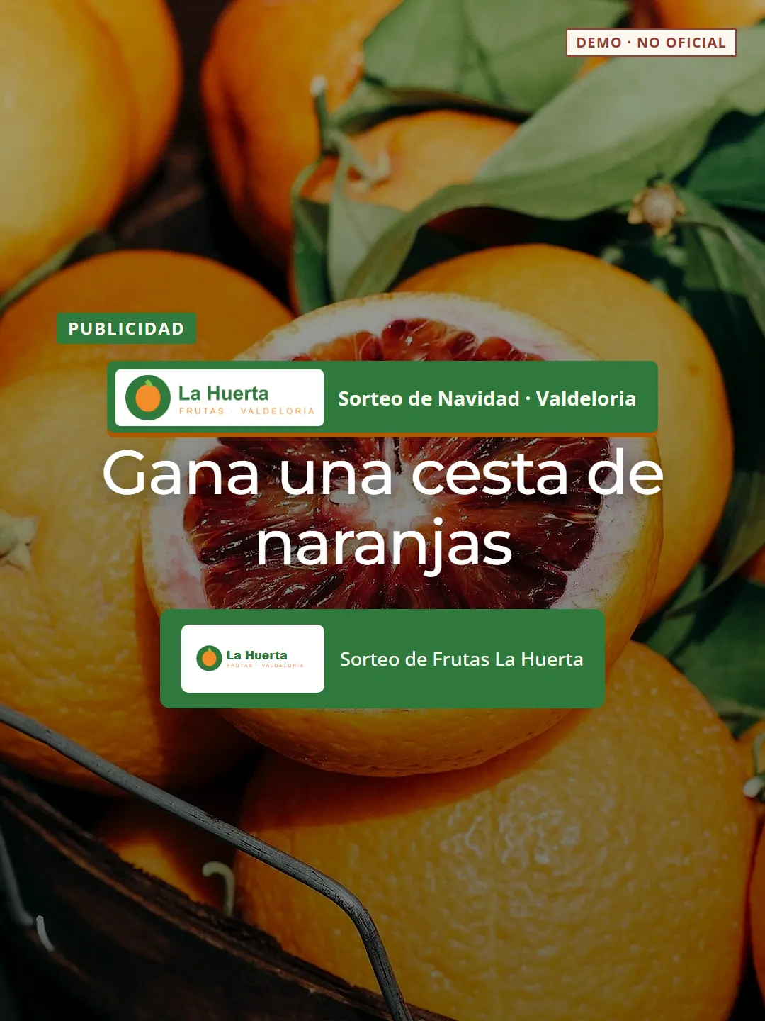 Post de ejemplo con una foto de naranjas y el título «Gana una cesta de naranjas»