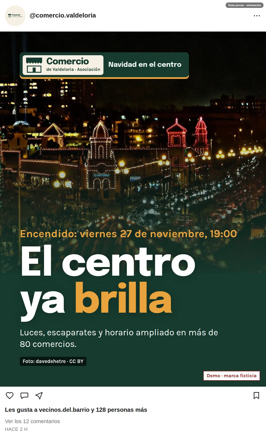 Simulación de un post en el feed con una pieza de Navidad, la cuenta de ejemplo y el pie de publicación